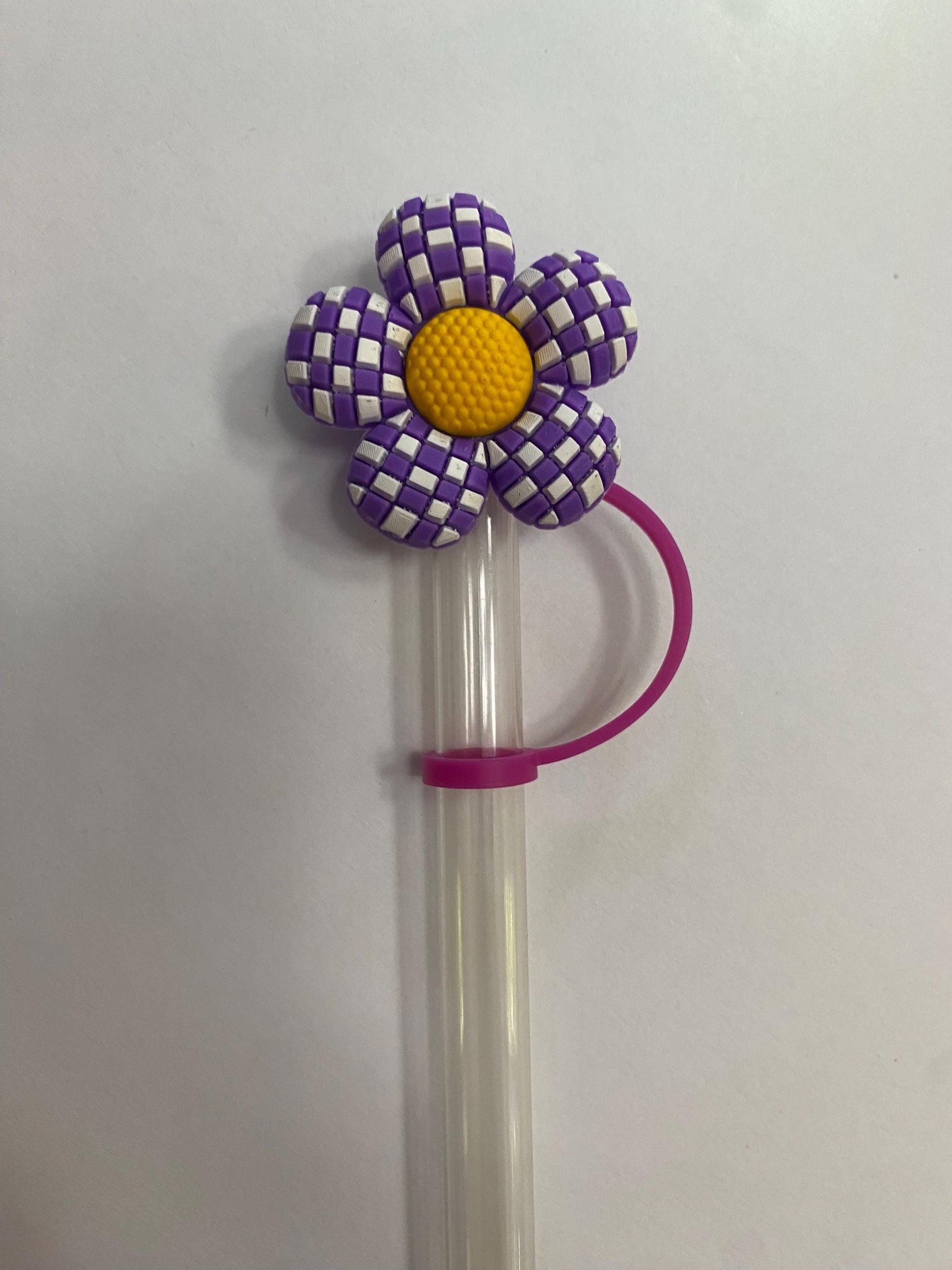 Purple Checkered Flower Straw Topper for 10 mm Straws