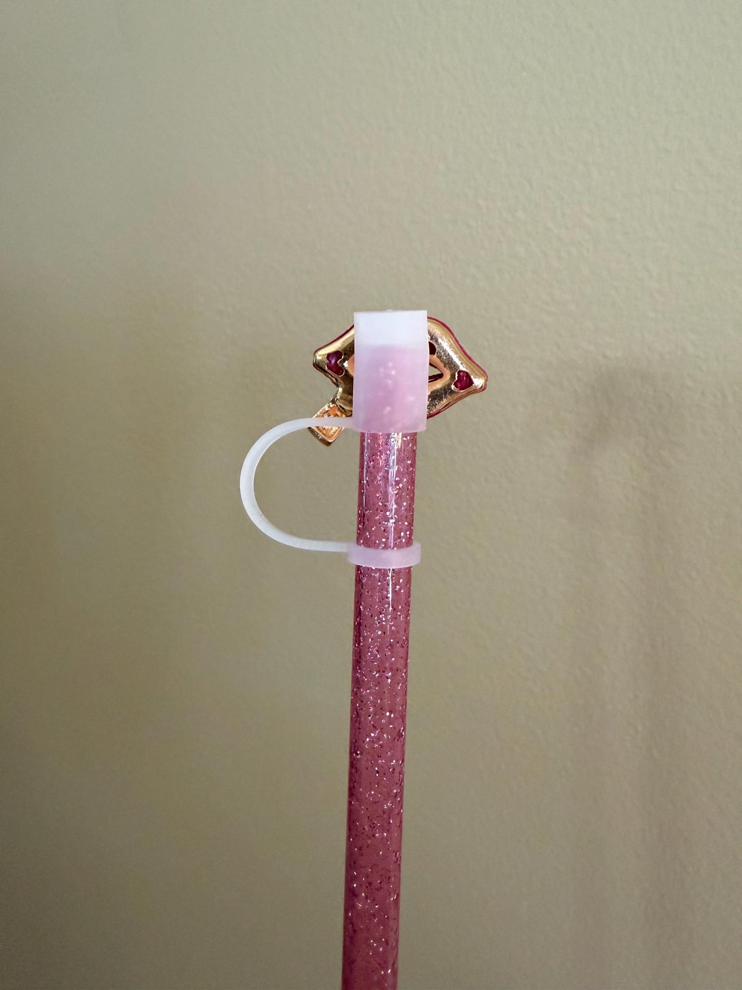 Hot Pink Lips with Lipstick Rhinestone (metal) Straw Topper for 10 mm Straws