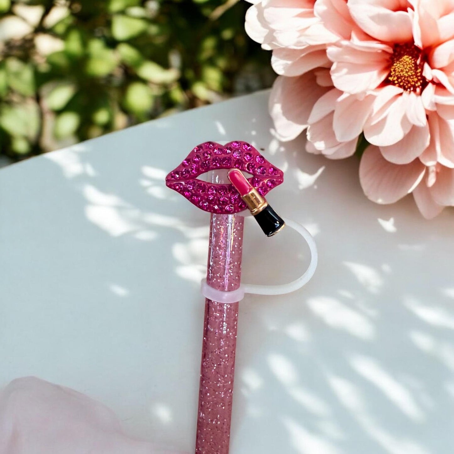 Hot Pink Lips with Lipstick Rhinestone (metal) Straw Topper for 10 mm Straws