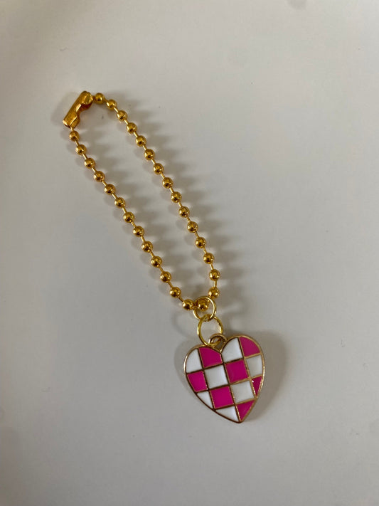 Pink Checkered Heart Handle Charm