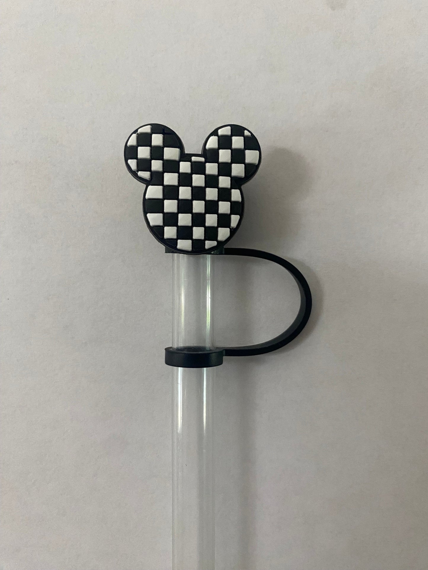 Checkered Mouse with Black Cap Topper for 10 mm Straws