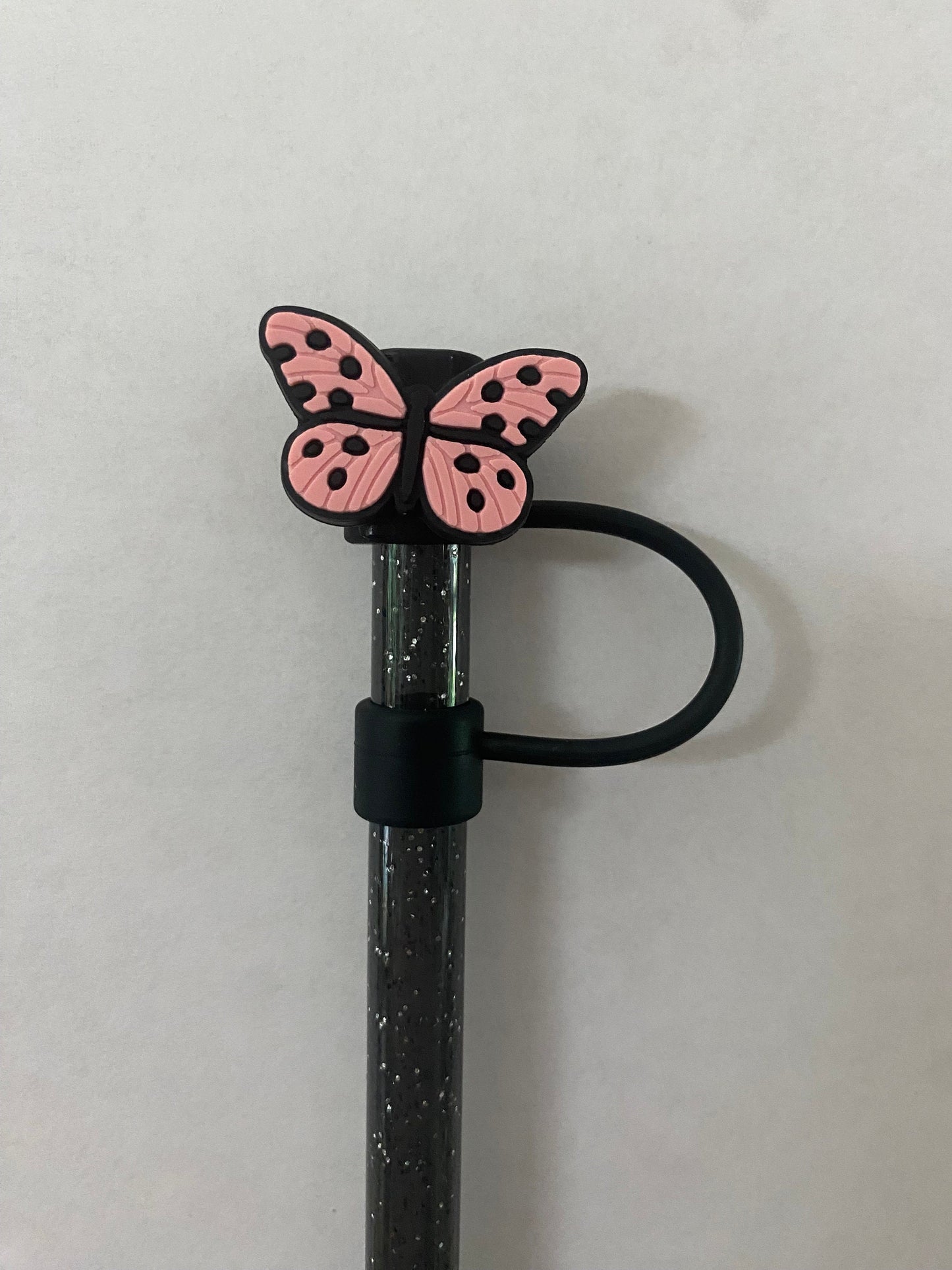 1 Deluxe Light Pink and Black Butterfly Straw Topper for 10 mm Straws