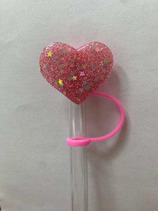 Acrylic Pink Glitter Heart Straw Topper for 10 mm Straws