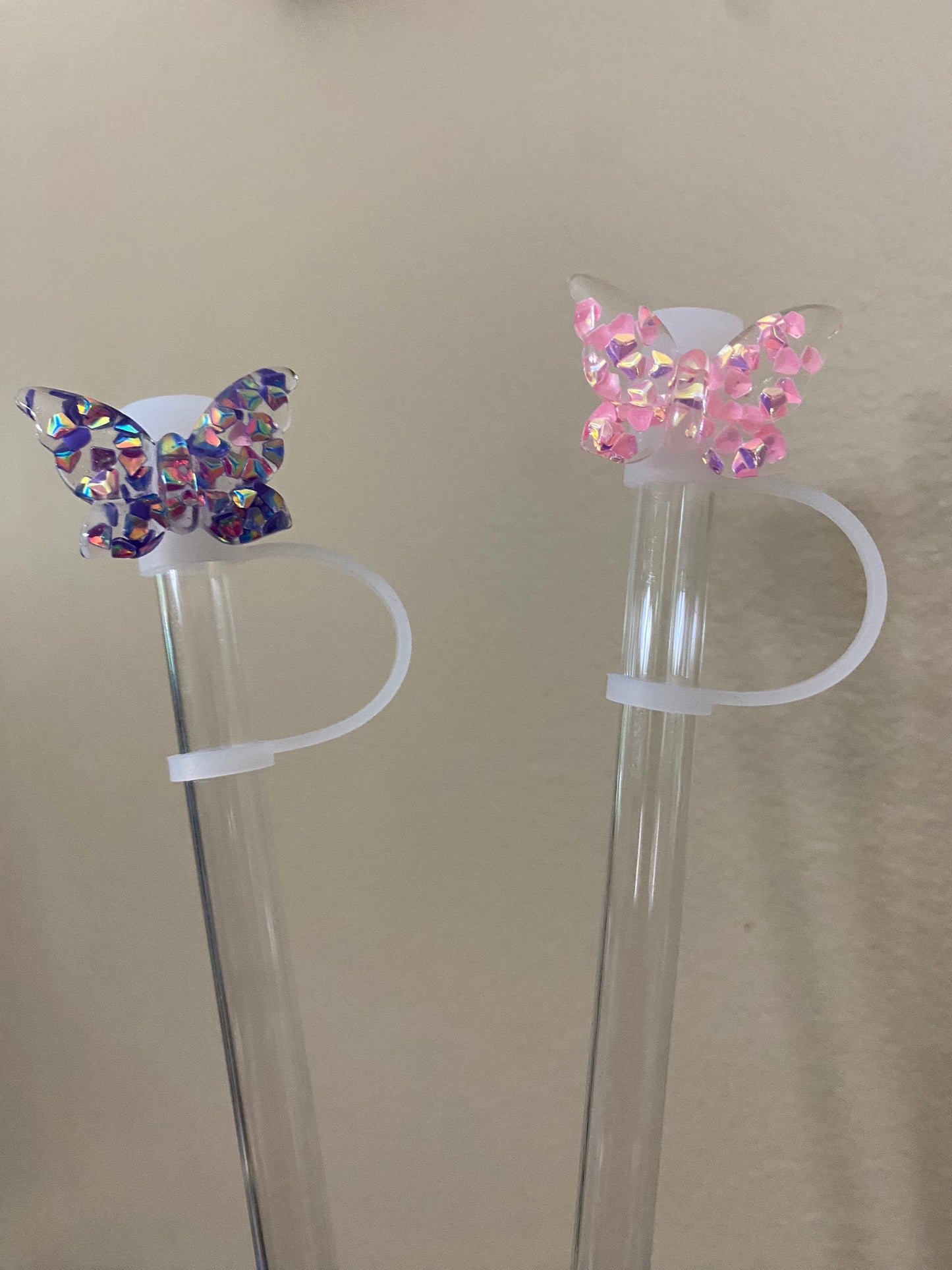 Acrylic Pink Glitter Butterfly Straw Topper for 10 mm Straws