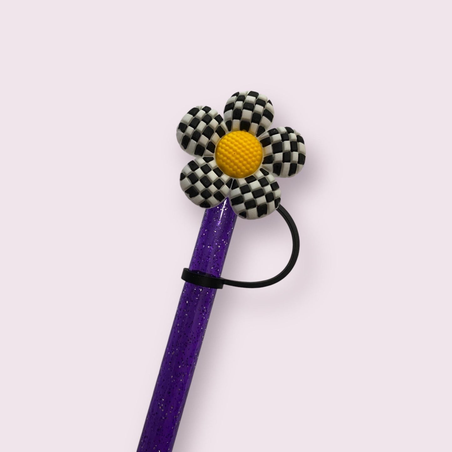 Black Checkered Flower Straw Topper for 10 mm Straws