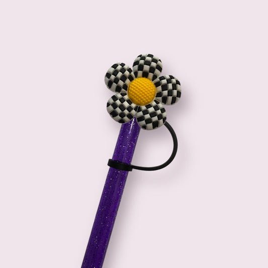 Black Checkered Flower Straw Topper for 10 mm Straws