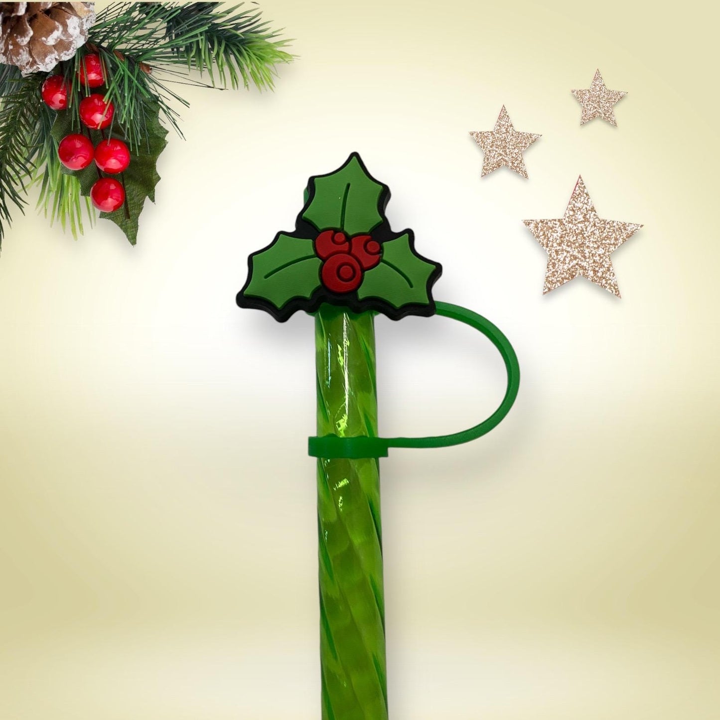 Holly Mistletoe Straw Topper for 10 mm Straws