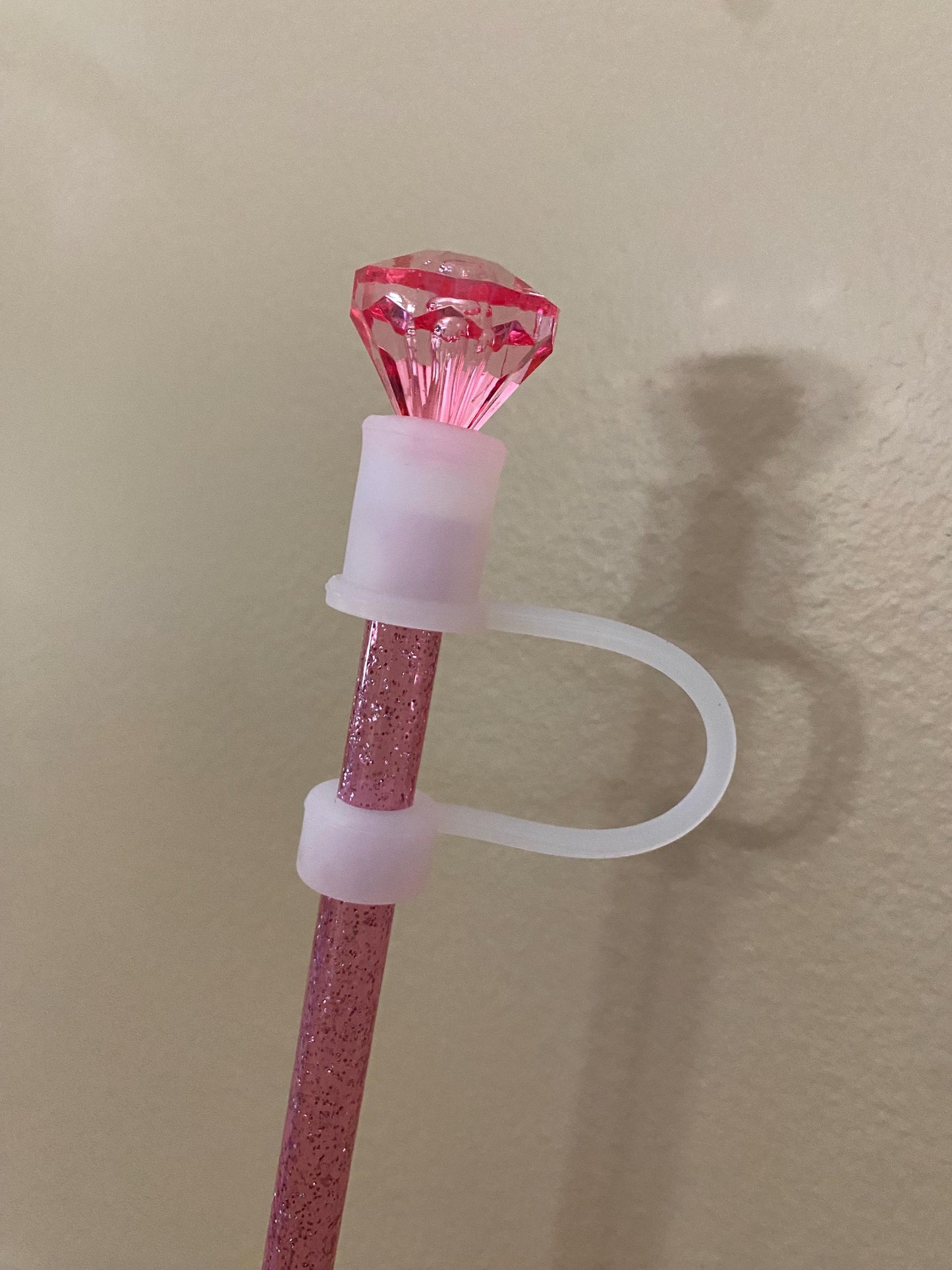 Interchangeable & Personalizable Pink Rose/Clear Diamond Straw Topper for 10 mm Straws