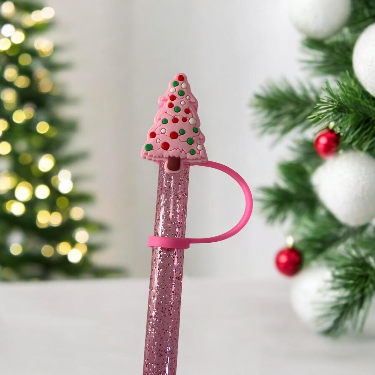 Pink Christmas Tree Straw Topper for 10 mm Straws