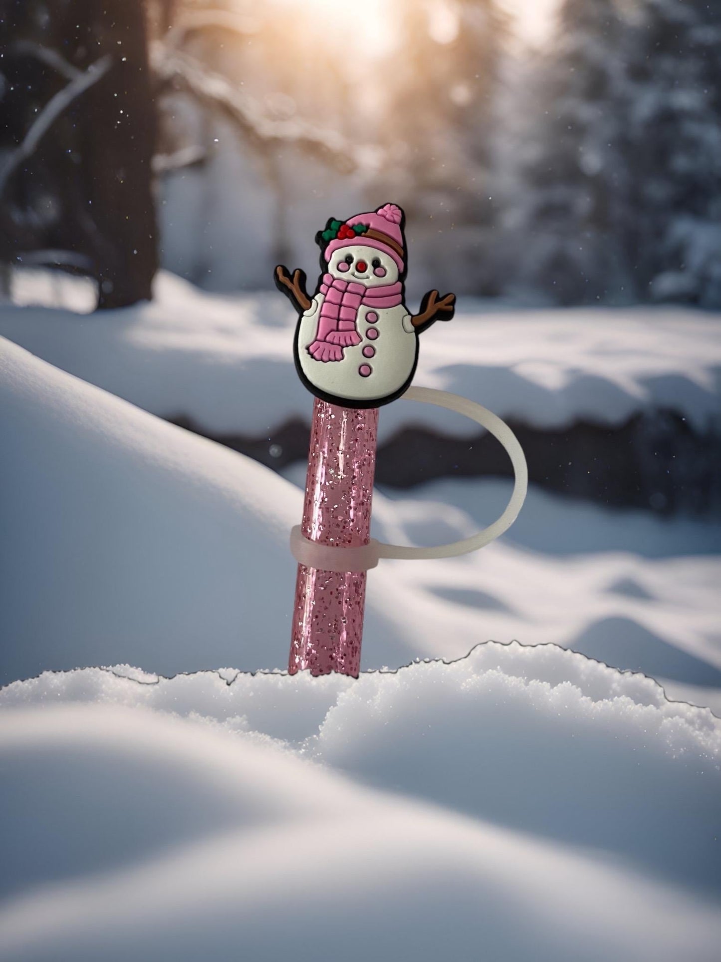 Pink Snowman Straw Topper for 10 mm Straws