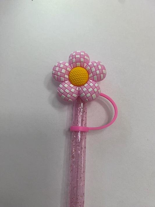 Pink Checkered Flower Straw Topper for 10 mm Straws
