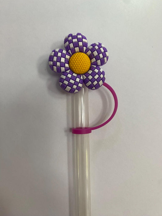 Purple Checkered Flower Straw Topper for 10 mm Straws