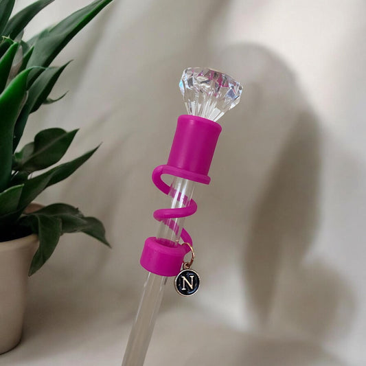 Interchangeable & Personalizable Clear/Hot Pink Diamond Straw Topper for 10 mm Straws