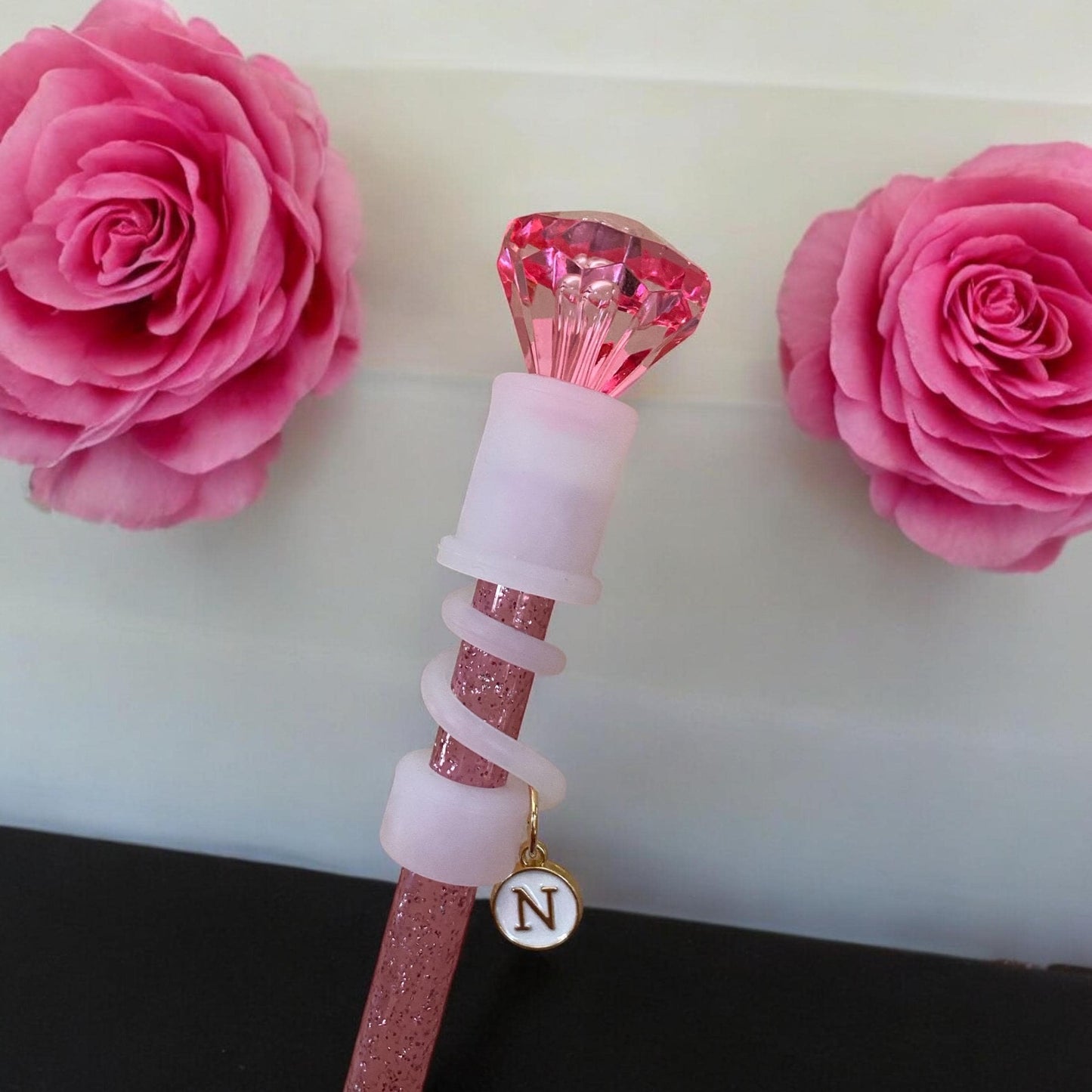 Interchangeable & Personalizable Pink Rose/Clear Diamond Straw Topper for 10 mm Straws