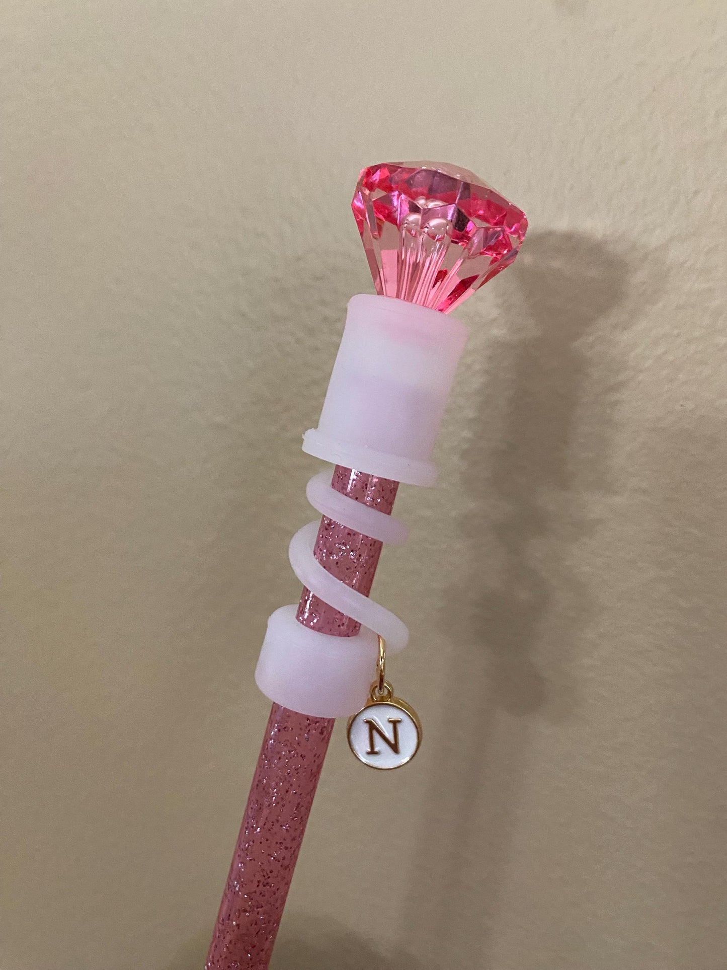 Interchangeable & Personalizable Pink Rose/Clear Diamond Straw Topper for 10 mm Straws