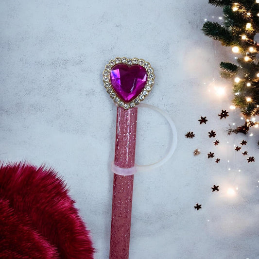 Fushia Pink Heart Rhinestone (metal) Straw Topper for 10 mm Straws