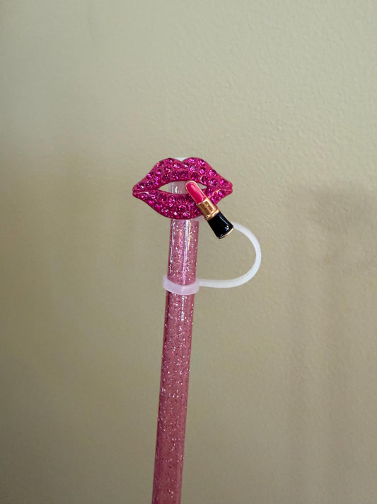 Hot Pink Lips with Lipstick Rhinestone (metal) Straw Topper for 10 mm Straws