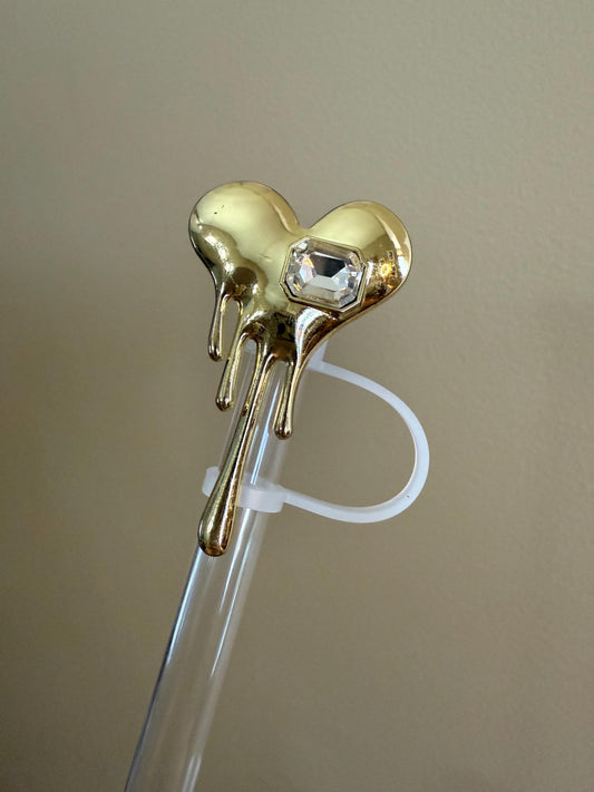 Large Gold Melting Heart with Rhinestone (metal) Straw Topper for 10 mm Straws