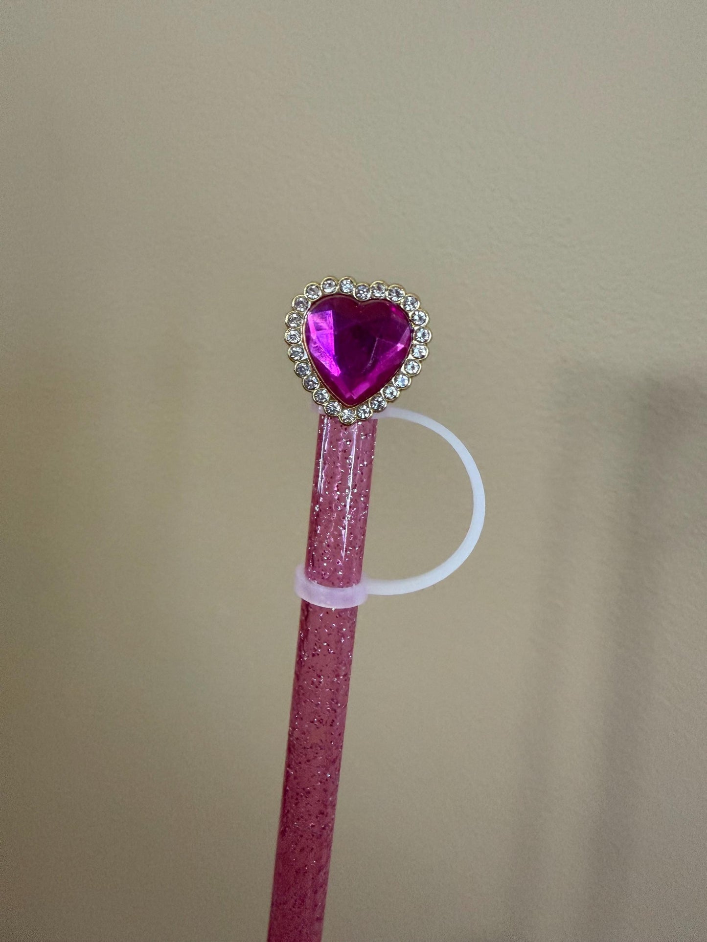 Fushia Pink Heart Rhinestone (metal) Straw Topper for 10 mm Straws